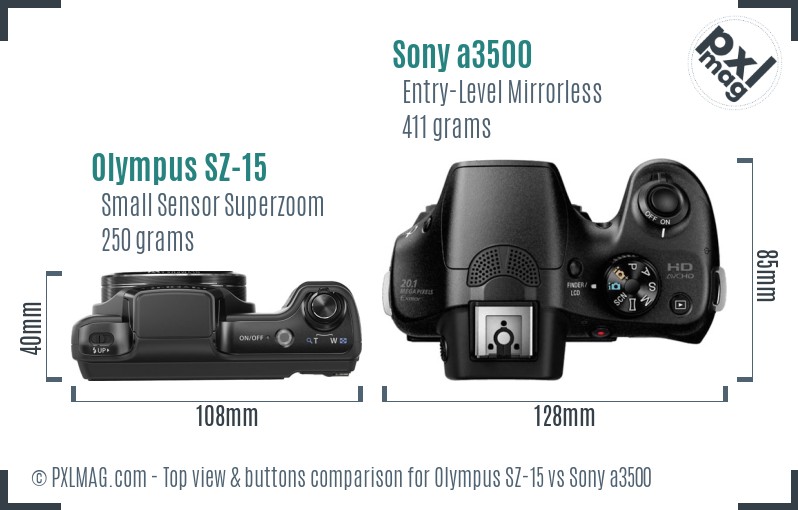 Olympus SZ-15 vs Sony a3500 top view buttons comparison