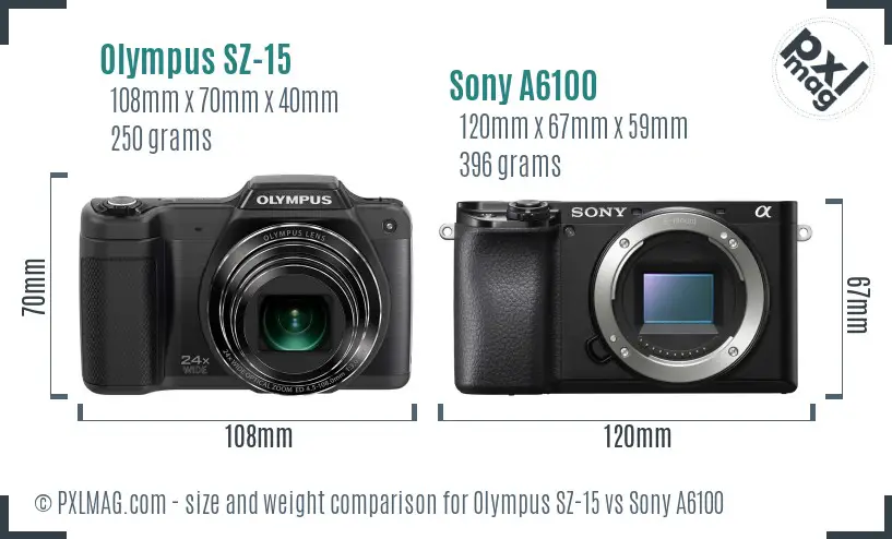 Olympus SZ-15 vs Sony A6100 size comparison
