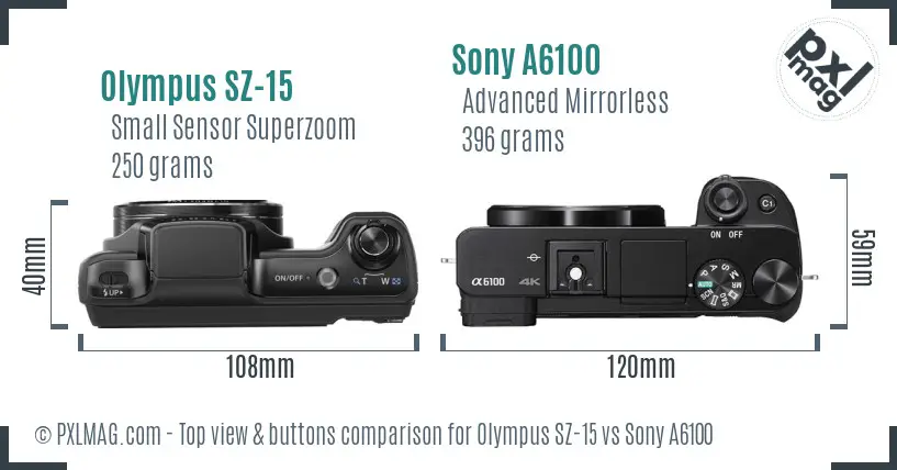Olympus SZ-15 vs Sony A6100 top view buttons comparison