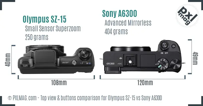Olympus SZ-15 vs Sony A6300 top view buttons comparison