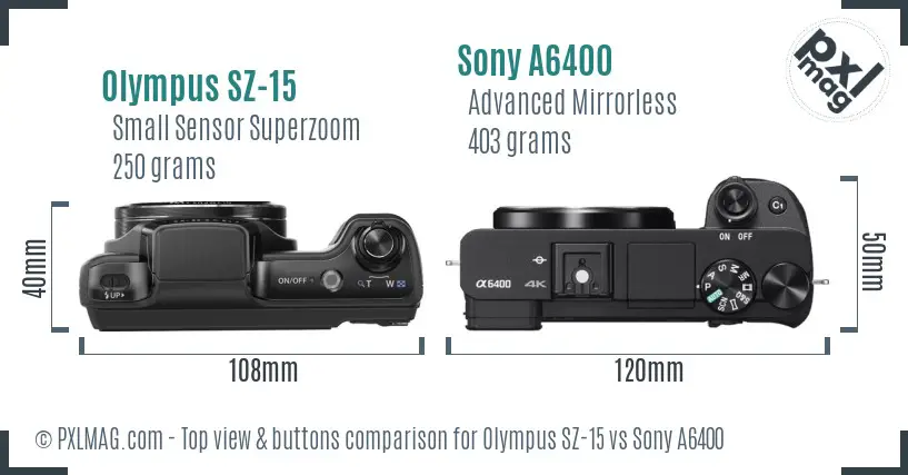 Olympus SZ-15 vs Sony A6400 top view buttons comparison
