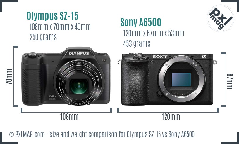 Olympus SZ-15 vs Sony A6500 size comparison
