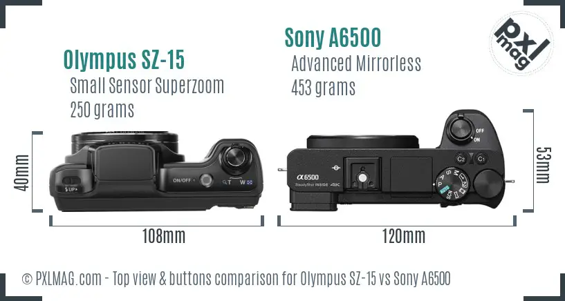 Olympus SZ-15 vs Sony A6500 top view buttons comparison