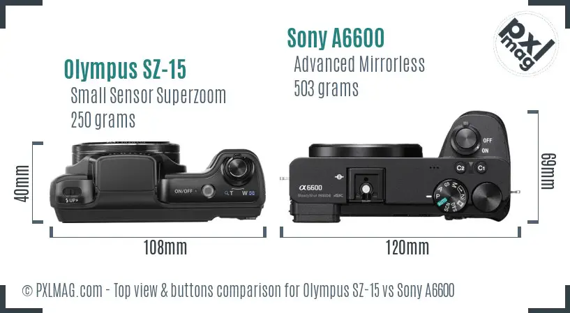 Olympus SZ-15 vs Sony A6600 top view buttons comparison