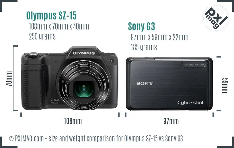 Olympus SZ-15 vs Sony G3 size comparison