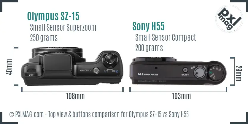 Olympus SZ-15 vs Sony H55 top view buttons comparison