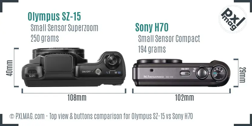 Olympus SZ-15 vs Sony H70 top view buttons comparison