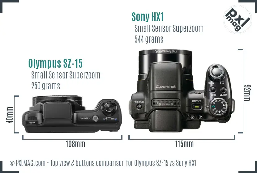 Olympus SZ-15 vs Sony HX1 top view buttons comparison