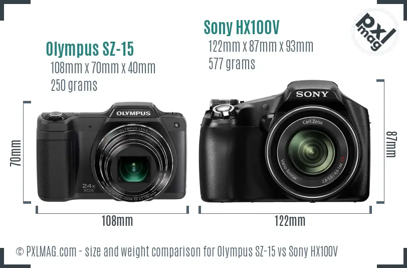 Olympus SZ-15 vs Sony HX100V size comparison