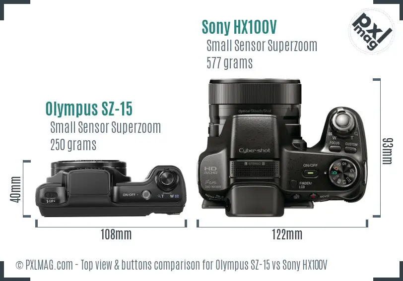 Olympus SZ-15 vs Sony HX100V top view buttons comparison
