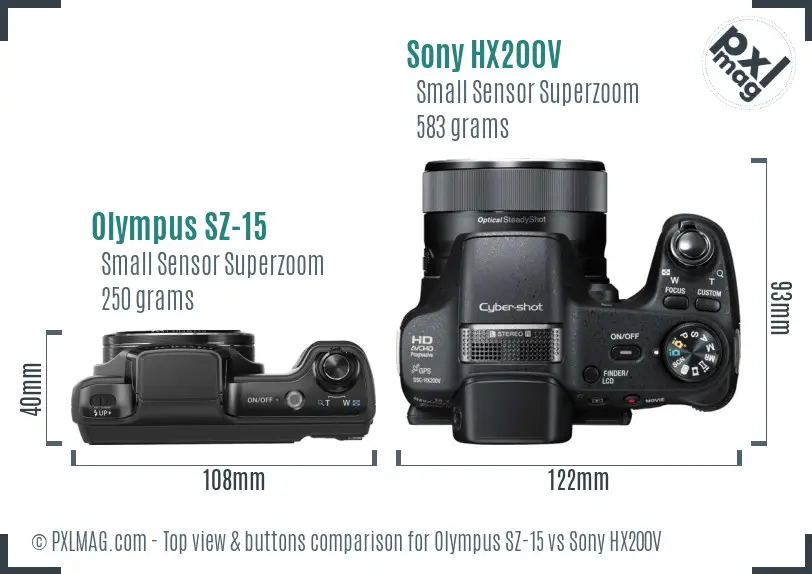 Olympus SZ-15 vs Sony HX200V top view buttons comparison