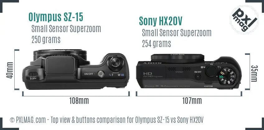 Olympus SZ-15 vs Sony HX20V top view buttons comparison