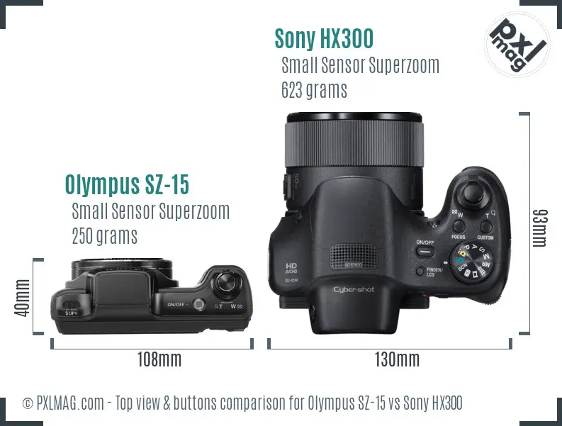 Olympus SZ-15 vs Sony HX300 top view buttons comparison