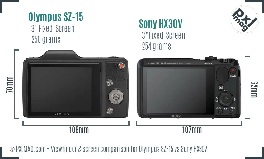 Olympus SZ-15 vs Sony HX30V Screen and Viewfinder comparison