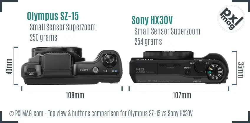 Olympus SZ-15 vs Sony HX30V top view buttons comparison
