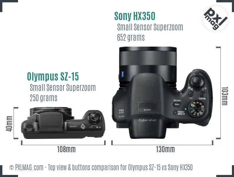 Olympus SZ-15 vs Sony HX350 top view buttons comparison