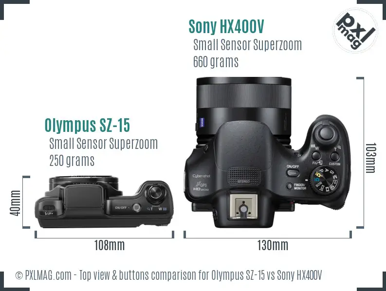 Olympus SZ-15 vs Sony HX400V top view buttons comparison