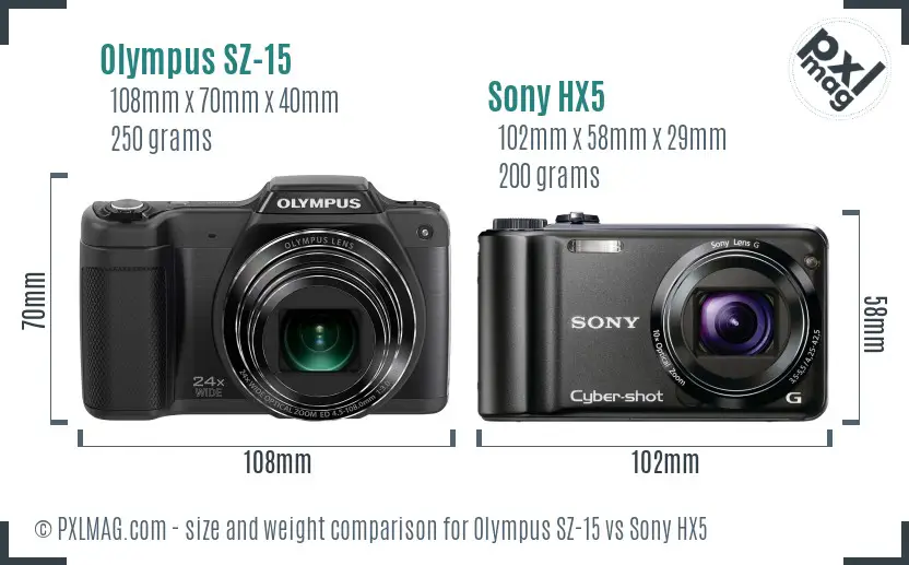Olympus SZ-15 vs Sony HX5 size comparison