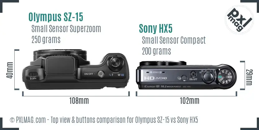 Olympus SZ-15 vs Sony HX5 top view buttons comparison