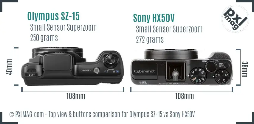 Olympus SZ-15 vs Sony HX50V top view buttons comparison