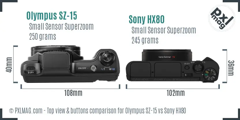 Olympus SZ-15 vs Sony HX80 top view buttons comparison