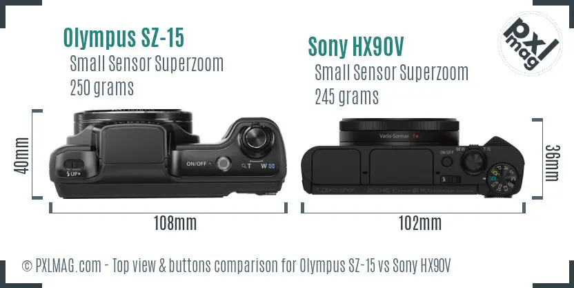 Olympus SZ-15 vs Sony HX90V top view buttons comparison