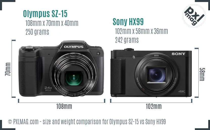 Olympus SZ-15 vs Sony HX99 size comparison