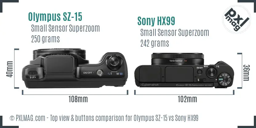 Olympus SZ-15 vs Sony HX99 top view buttons comparison