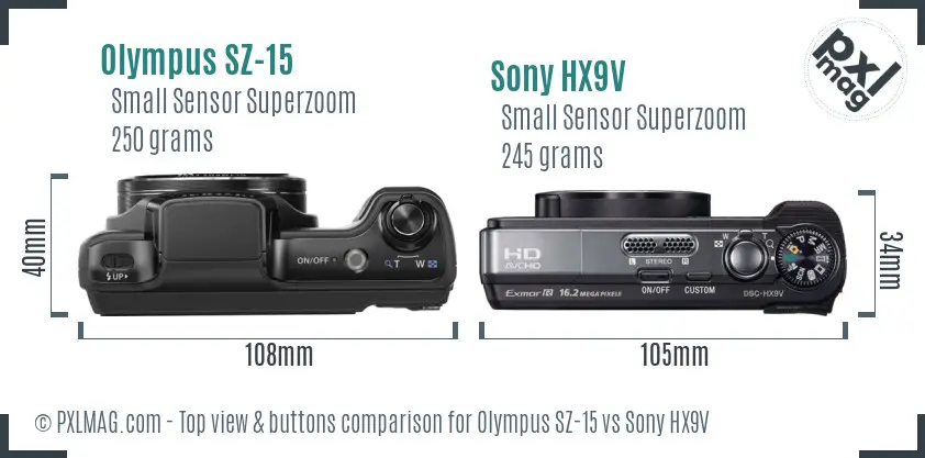 Olympus SZ-15 vs Sony HX9V top view buttons comparison