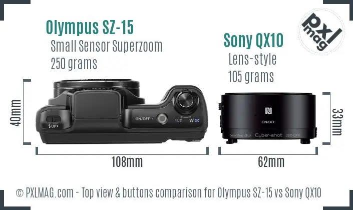 Olympus SZ-15 vs Sony QX10 top view buttons comparison