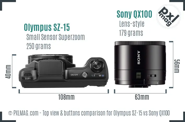 Olympus SZ-15 vs Sony QX100 top view buttons comparison