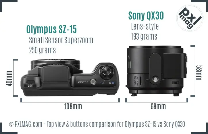 Olympus SZ-15 vs Sony QX30 top view buttons comparison
