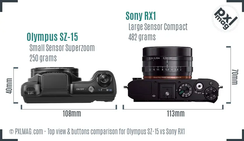 Olympus SZ-15 vs Sony RX1 top view buttons comparison