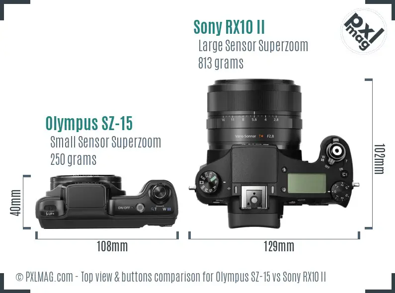 Olympus SZ-15 vs Sony RX10 II top view buttons comparison