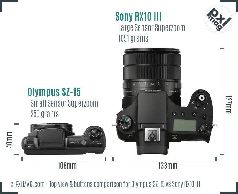 Olympus SZ-15 vs Sony RX10 III top view buttons comparison