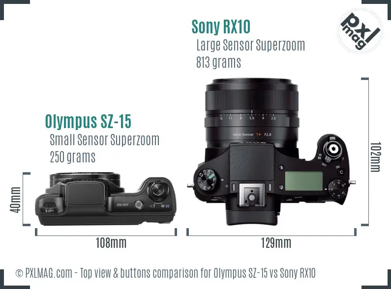Olympus SZ-15 vs Sony RX10 top view buttons comparison