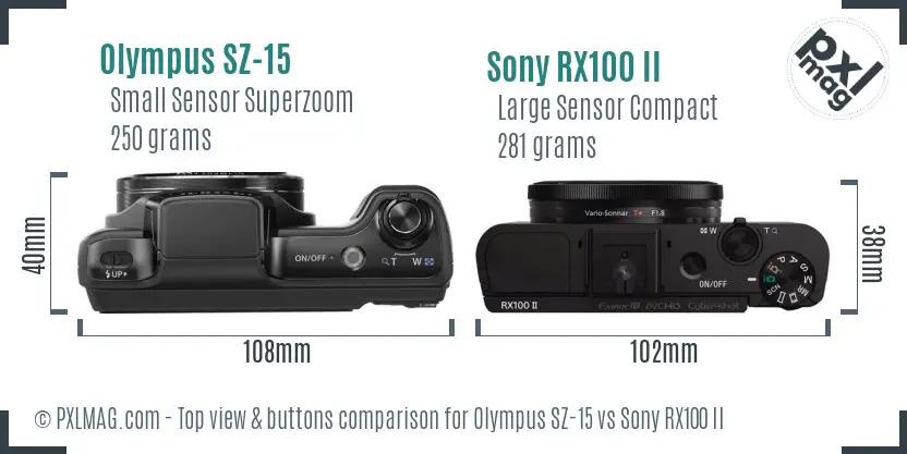 Olympus SZ-15 vs Sony RX100 II top view buttons comparison