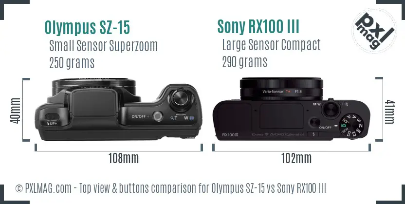 Olympus SZ-15 vs Sony RX100 III top view buttons comparison