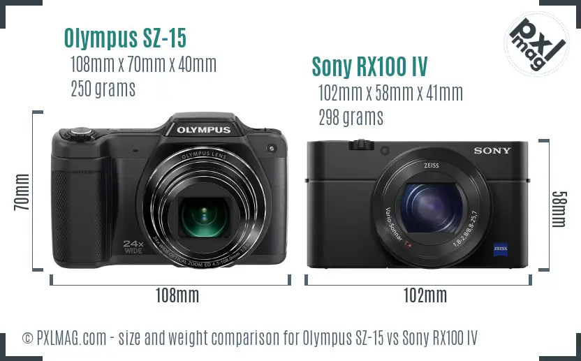 Olympus SZ-15 vs Sony RX100 IV size comparison