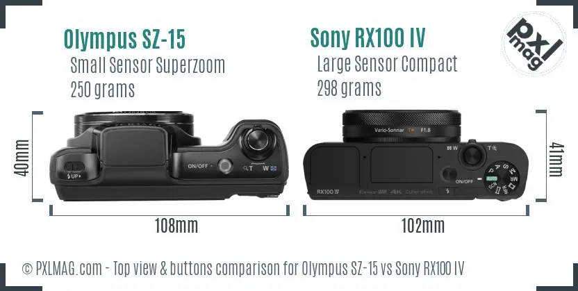 Olympus SZ-15 vs Sony RX100 IV top view buttons comparison