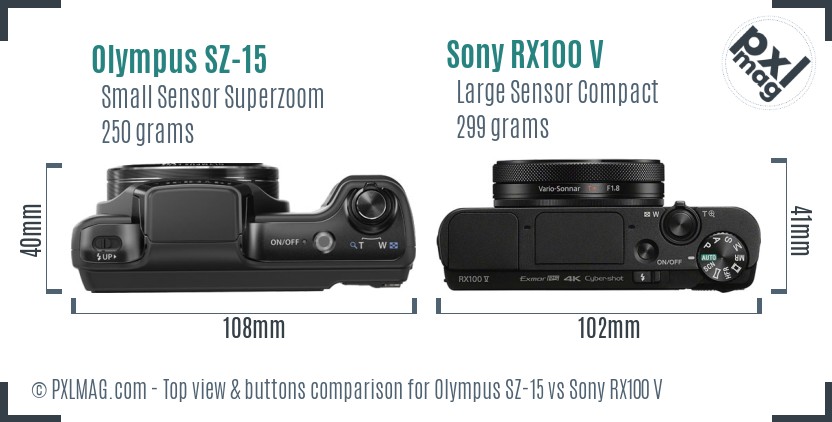 Olympus SZ-15 vs Sony RX100 V top view buttons comparison
