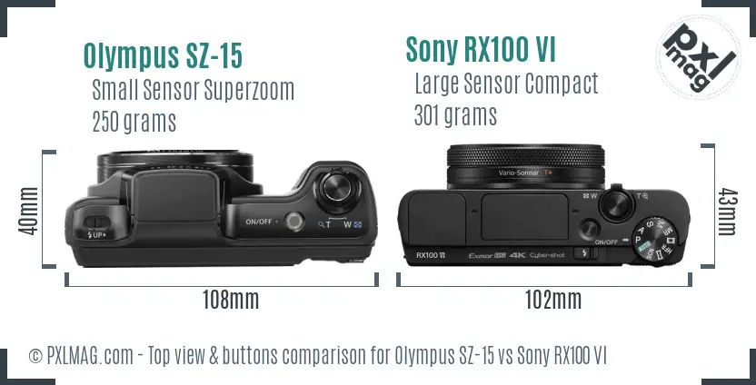 Olympus SZ-15 vs Sony RX100 VI top view buttons comparison