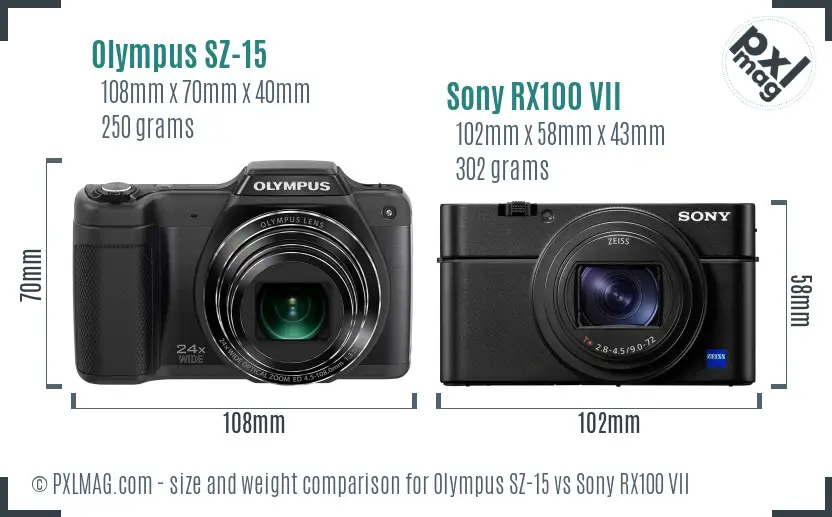 Olympus SZ-15 vs Sony RX100 VII size comparison