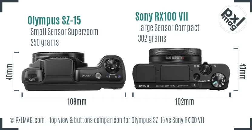 Olympus SZ-15 vs Sony RX100 VII top view buttons comparison