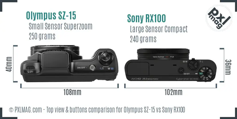 Olympus SZ-15 vs Sony RX100 top view buttons comparison