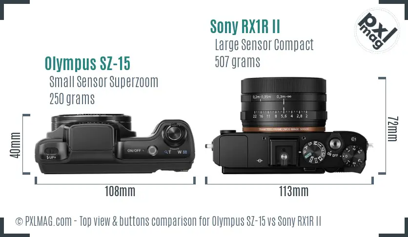 Olympus SZ-15 vs Sony RX1R II top view buttons comparison