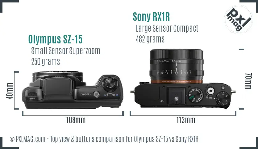 Olympus SZ-15 vs Sony RX1R top view buttons comparison