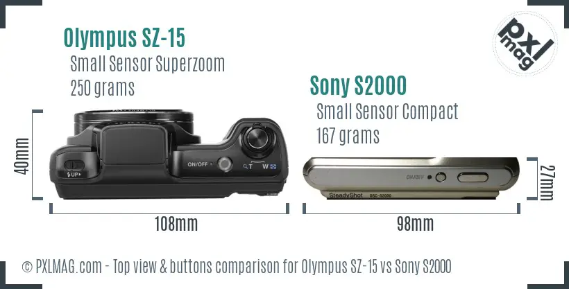 Olympus SZ-15 vs Sony S2000 top view buttons comparison