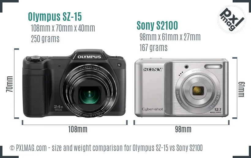 Olympus SZ-15 vs Sony S2100 size comparison
