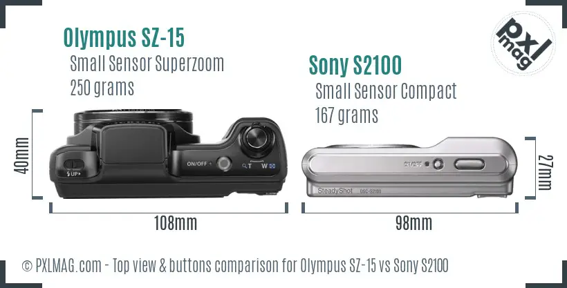 Olympus SZ-15 vs Sony S2100 top view buttons comparison